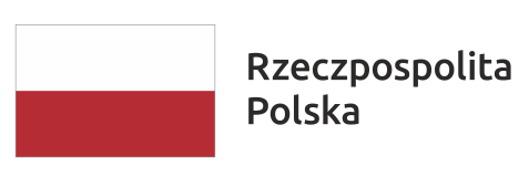 Biało-czerwona flaga Polski z czarnym napisem po prawej stronie: Rzeczpospolita Polska.