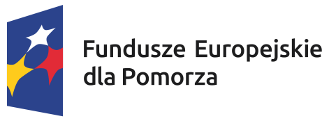 Logo Funduszy Europejskich dla Pomorza przedstawiające trzy pięcioramienne gwiazdy w kolorze białym, żółtym i czerwonym na granatowym tle w kształcie trapezu i czarnym napisem z boku po prawej stronie o treści Fundusze Europejskie dla Pomorza