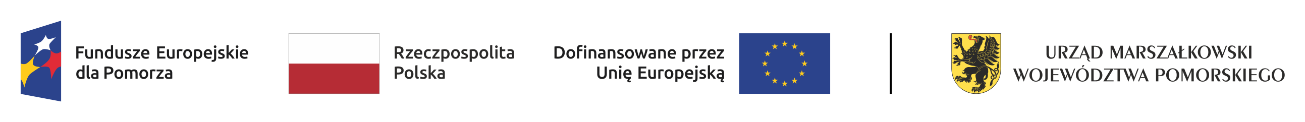 Logo zawierające cztery grafiki - Funduszy Europejskich dla Pomorza, flagi Rzeczpospolitej Polskiej, flagi Unii Europejskiej z adnotacją - Dofinansowane przez Unię Europejską - oraz Urzędu Marszałkowskiego Województwa Pomorskiego.