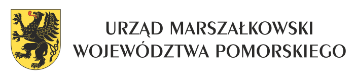 Logo Urzędu Marszałkowskiego Województwa Pomorskiego przedstawiające czarnego gryfa na tle żółtej tarczy z czarnym napisem z boku po prawej stronie: Urząd Marszałkowski Województwa Pomorskiego.